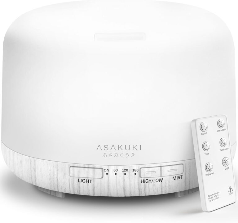 ASAKUKI Essential Oil Diffuser for Home, 500ML Aromatherapy Diffuser Humidifier with Remote Control, 7 Color LED Lights, Quiet Cool Mist Diffuser for Bedroom, Living Room, Office (White)