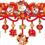 KYMY Chinese New Year Door Hanging Decoration, 2026 Lucky Zodiac Horse Banner with Lanterns & Fu Symbols, 34 x 24.8 Inch Lunar New Year Wall Decoration for Home Front Door Spring Festival Party