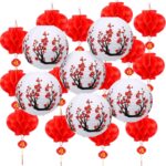 Mudder 20 Pieces Chinese Japanese Paper Lanterns, Cherry Flowers Paper Lanterns for Hibachi Birthday Party Asia Home Restaurant Wedding Home Decor(White and Red,Traditional Style)
