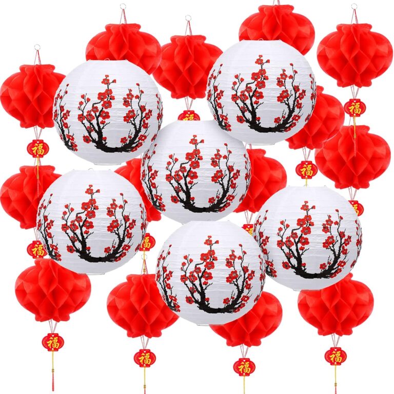Mudder 20 Pieces Chinese Japanese Paper Lanterns, Cherry Flowers Paper Lanterns for Hibachi Birthday Party Asia Home Restaurant Wedding Home Decor(White and Red,Traditional Style)