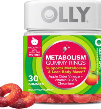 OLLY Metabolism Gummy Rings, Apple Cider Vinegar, Vitamin B12, Chromium, Energy and Digestive Health, Chewable Supplement, Apple Flavor – 30 Count