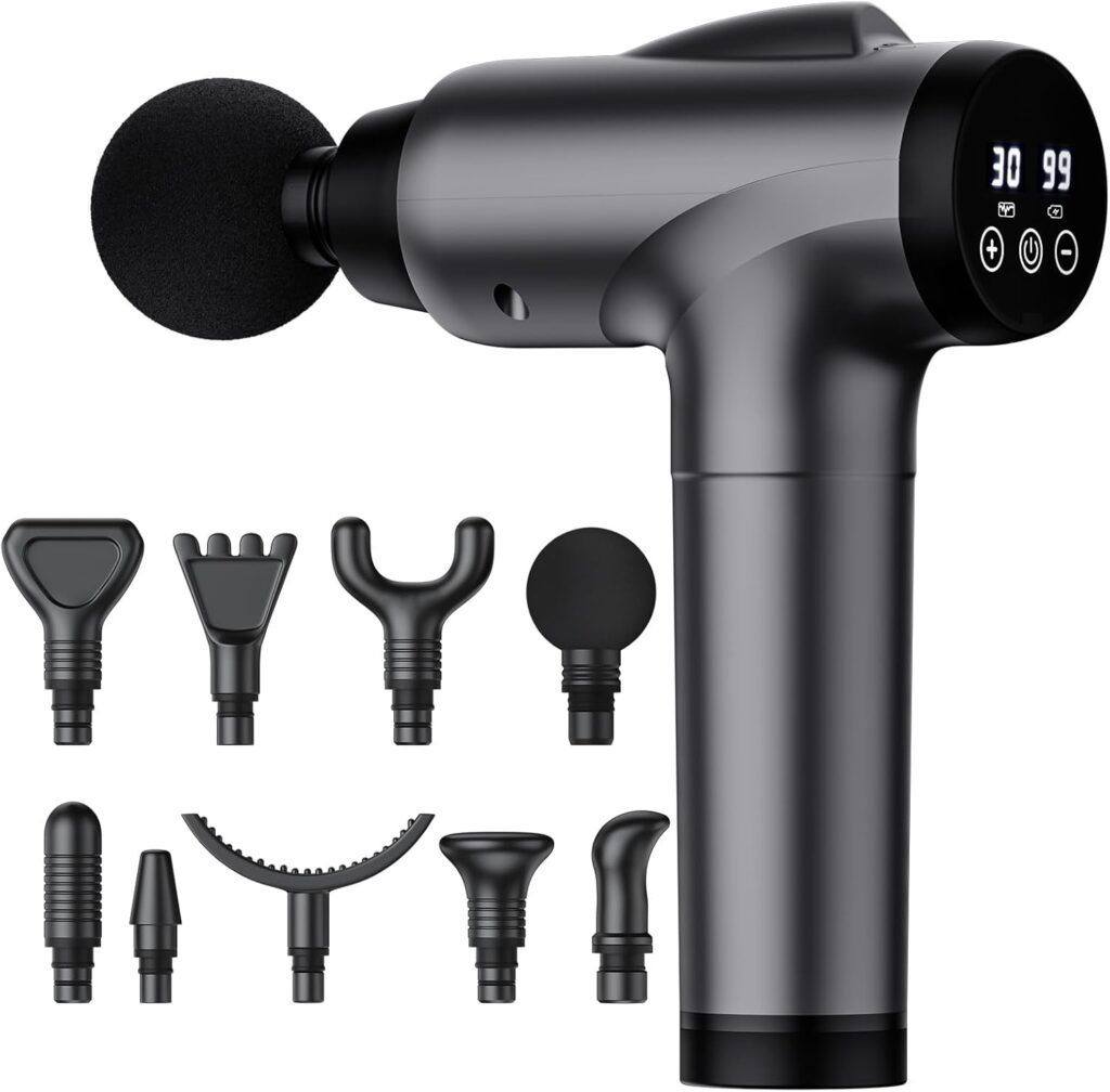 OLsky Massage Gun Deep Tissue, Handheld Electric Muscle Massager, High Intensity Percussion Massage Device for Pain Relief with 9 Attachments & 30 Speed(Grey)