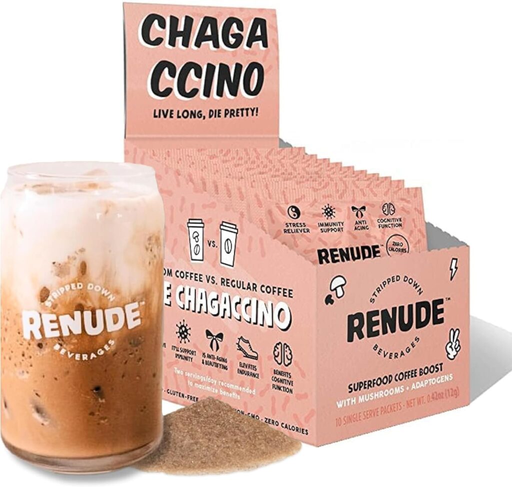 Renude Chagaccino – Chaga Mushroom Powder, Mushroom Coffee Drink Mix with Adaptogens, Natural Energy and Immune Support, Vegan, Keto, Zero Calorie Mushroom Blend Powder – 10 Servings