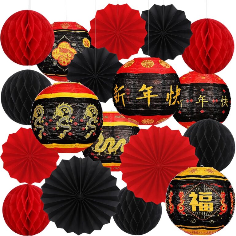 Retisee 18 Pcs 2026 Chinese Lunar New Year Decorations Lunar New Year Paper Lanterns Hanging Paper Fans Red and Black Honeycomb Balls Chinese Lanterns Asian Decor for Spring Festival Celebration
